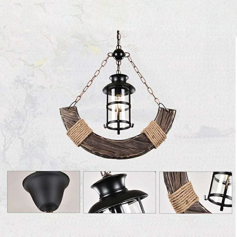 Traditional Farmhouse Arched Wooden Beam Iron Chain 1-Light Pendant Light For Entertainment Room