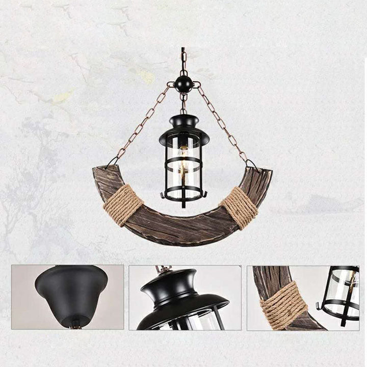 Traditional Farmhouse Arched Wooden Beam Iron Chain 1-Light Pendant Light For Entertainment Room