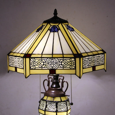 Lampe de table européenne à 2 lumières en forme de dôme hexagonal en vitrail Tiffany 