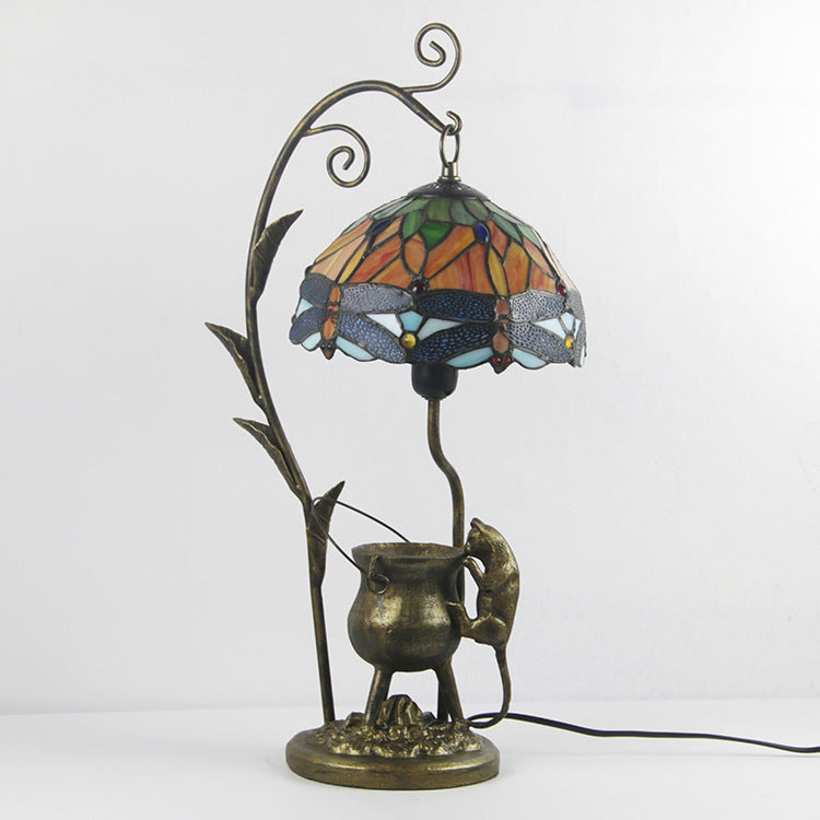 Vintage Tiffany Dome Stained Glass Mouse Base 1-Light Table Lamp