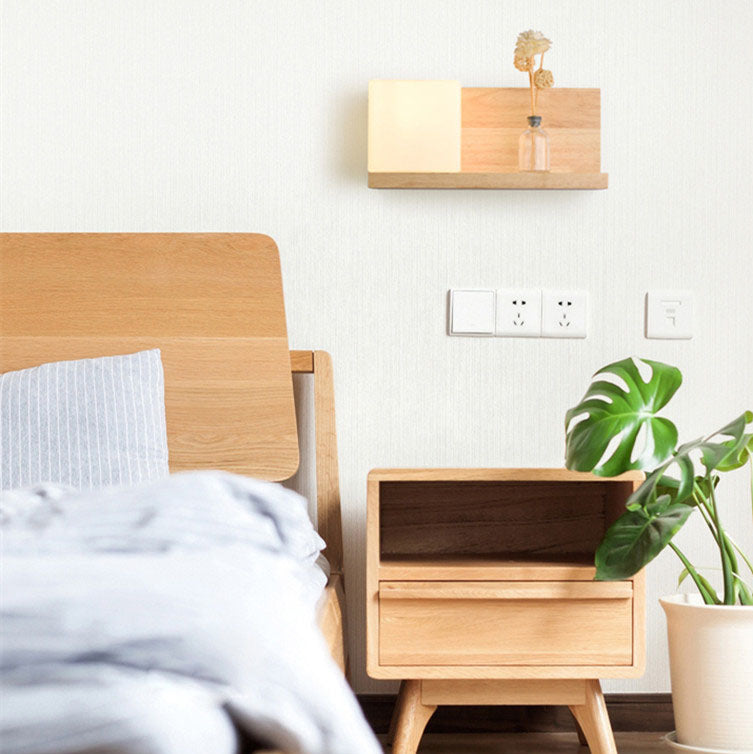 Moderne kreative 1-flammige quadratische Wandleuchte aus Gummibaumholz und Glas für Wohnzimmer &amp; Schlafzimmer 