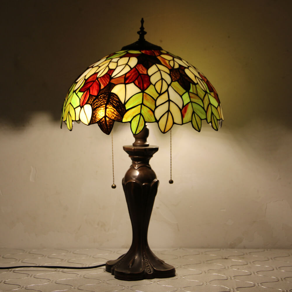 Lampe de table Tiffany avec fleur rétro européenne en verre teinté à 1 lumière avec cordon de tirage 