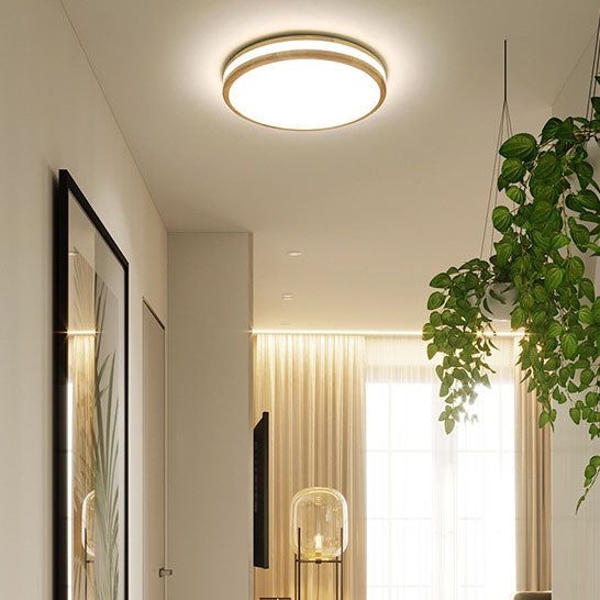 Japanese Simple Round Wooden Thin LED Flush Mount Ceiling Light