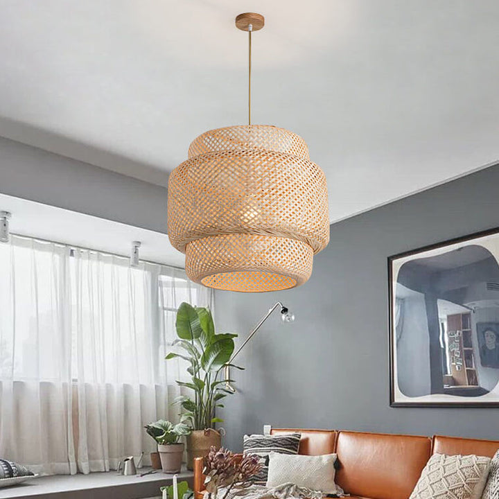 Traditional Japanese Round Bamboo Weaving Column 1-Light Pendant Light For Bedroom