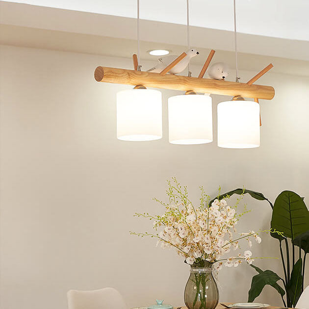 Nordic Minimalist Solid Wood Bird Decor Cylinder 2/3-Light Island Light Chandelier