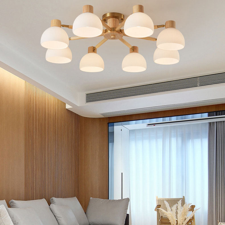 Plafón de techo tradicional japonés Wabi-sabi de madera de caucho, herrajes y vidrio de 3/6/8 luces para sala de estar 
