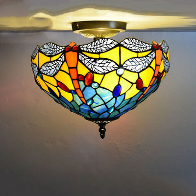 Vintage Tiffany Stained Glass Bowl 2-Light Semi-Flush Mount Ceiling Light