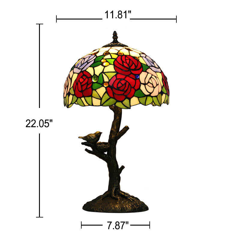 Lampe de table à 1 lumière en verre teinté avec design de papillon et rose Art Tiffany 