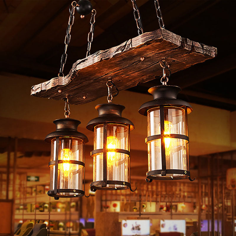 Lustre à 3 lumières en fer avec bande boisée de style ferme traditionnelle pour salle à manger 