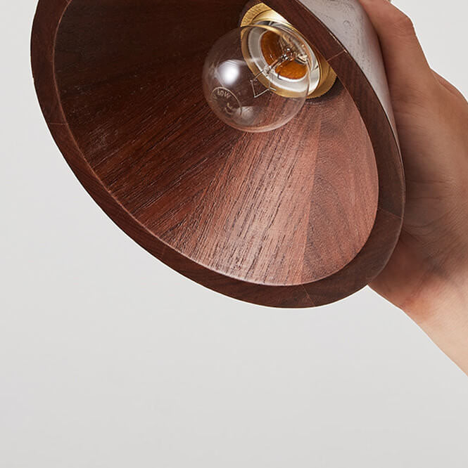 Japanese Vintage Walnut Geometric Round Cone Brass 1-Light Pendant Light