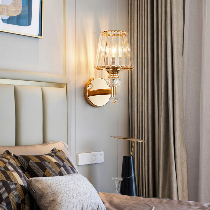 Moderne minimalistische runde trapezförmige Hardware Kristall 1-Licht Wandleuchte Lampe für Schlafzimmer 