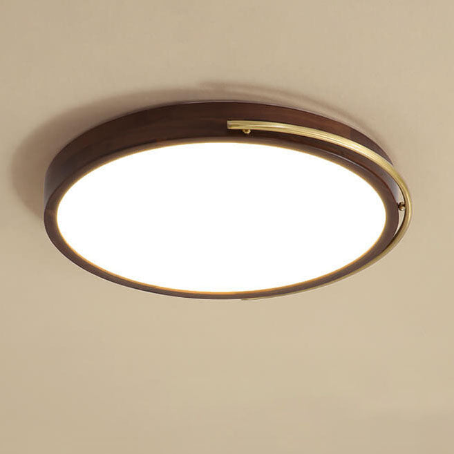 Modern Chinese Walnut Round Copper Ring LED Flush Mount Ceiling Light