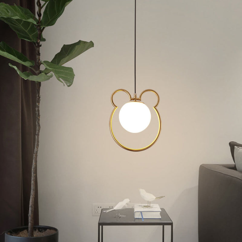 Nordic Little Bear Lines Frame White Glass Ball Shade 1-Light Pendant Light