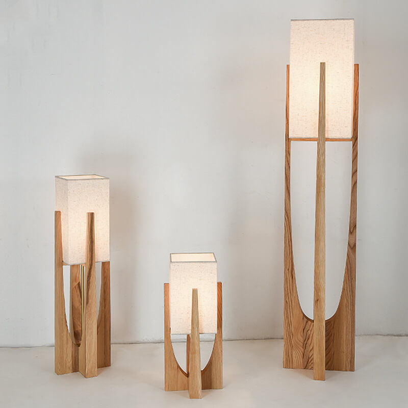 Modern Minimalist Copper Fabric Ash Wood Rectangular 1-Light Standing Floor Lamps For Living Room &amp; Bedroom