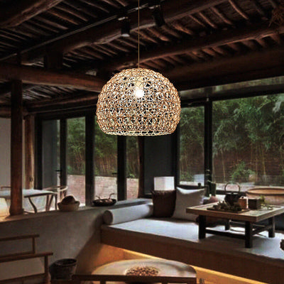 Rattan Weaving 1-Light Half-Circle Dome Pendant Light