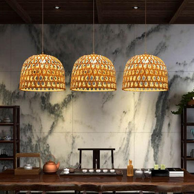 Modern Bamboo Weaving Half Circle 1-Light Rustic Pendant Light