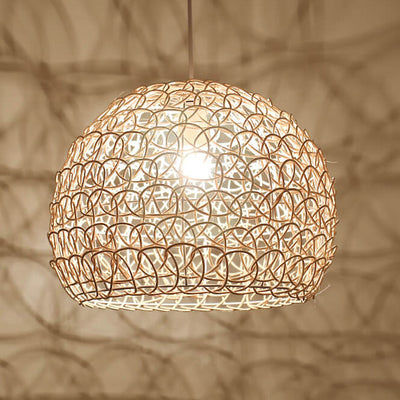 Rattan Weaving 1-Light Half-Circle Dome Pendant Light