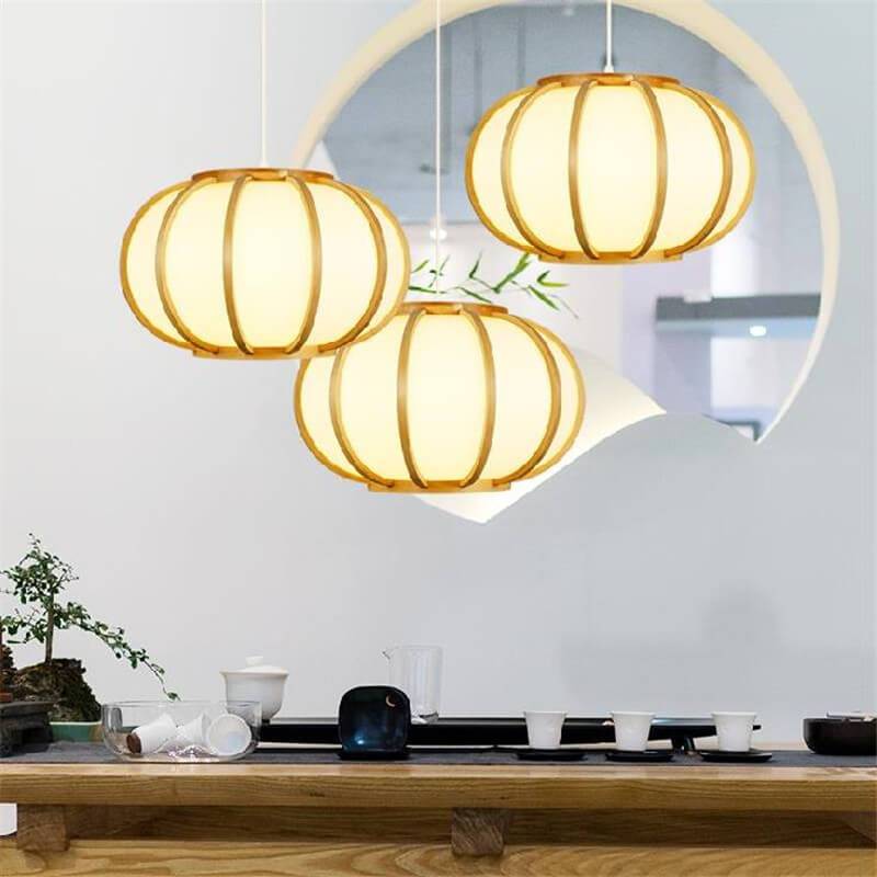 Modern Wood Pumpkin 1-Light Japanese Beige Pendant Light