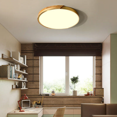 Modern Circle Wooden 1-Light LED Semi-Flush Mount Lighting