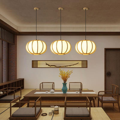 Modern Wood Pumpkin 1-Light Japanese Beige Pendant Light