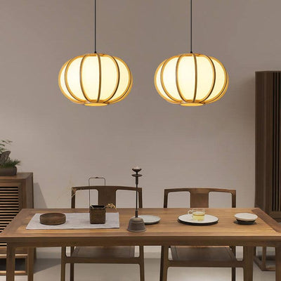 Modern Wood Pumpkin 1-Light Japanese Beige Pendant Light