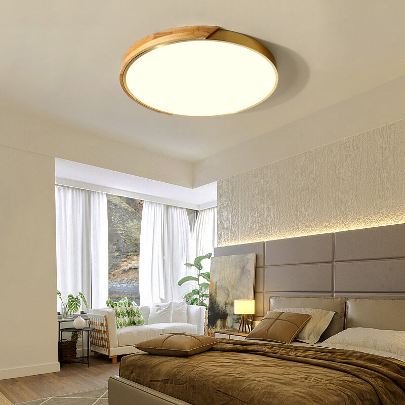 Modern Circle Wooden 1-Light LED Semi-Flush Mount Lighting