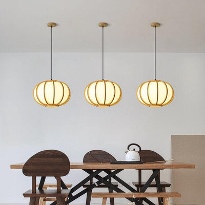 Modern Wood Pumpkin 1-Light Japanese Beige Pendant Light