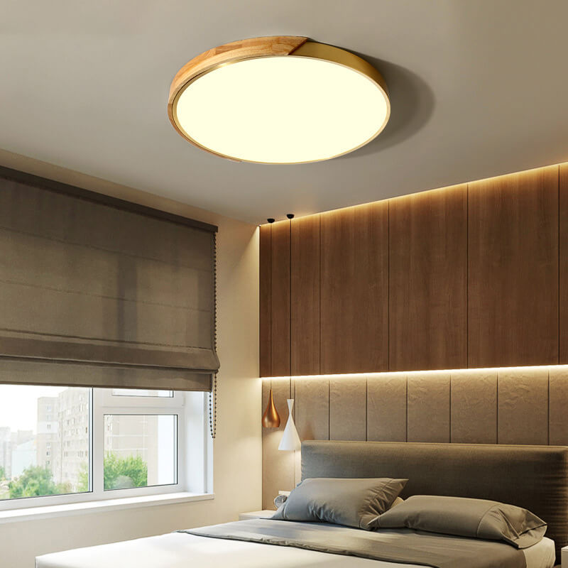 Modern Circle Wooden 1-Light LED Semi-Flush Mount Lighting