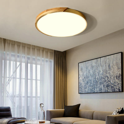 Modern Circle Wooden 1-Light LED Semi-Flush Mount Lighting