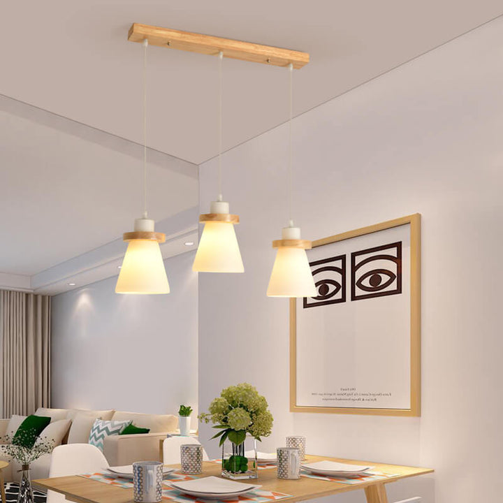 Suspension lumineuse à 1/3 lumières avec abat-jour en bois moderne en forme de cône 