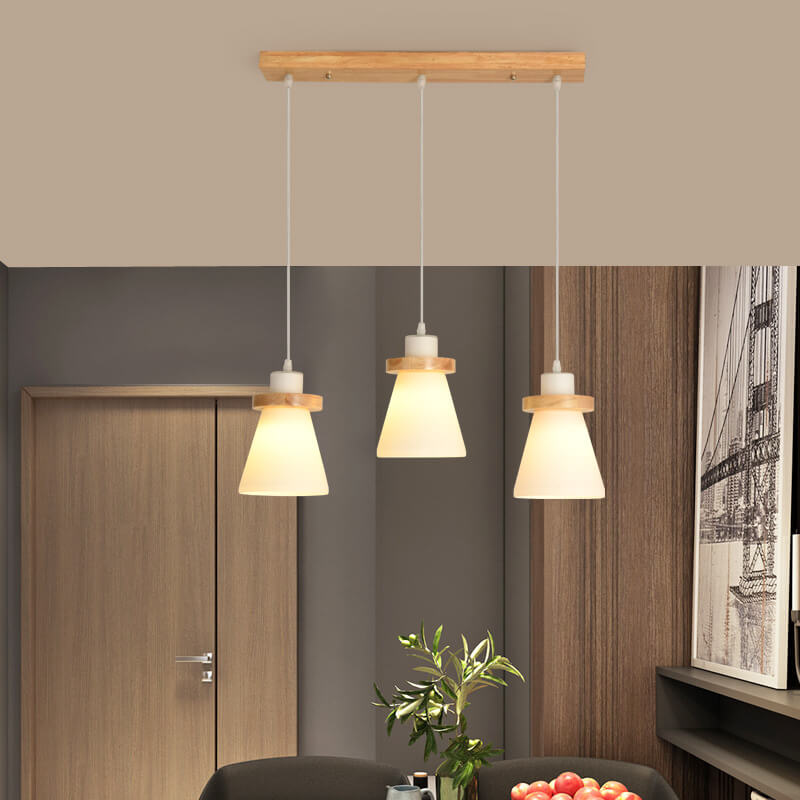 Suspension lumineuse à 1/3 lumières avec abat-jour en bois moderne en forme de cône 