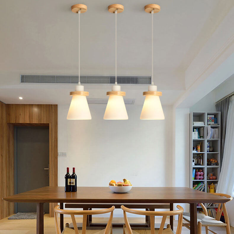 Suspension lumineuse à 1/3 lumières avec abat-jour en bois moderne en forme de cône 