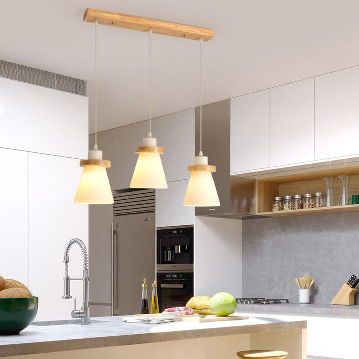Suspension lumineuse à 1/3 lumières avec abat-jour en bois moderne en forme de cône 