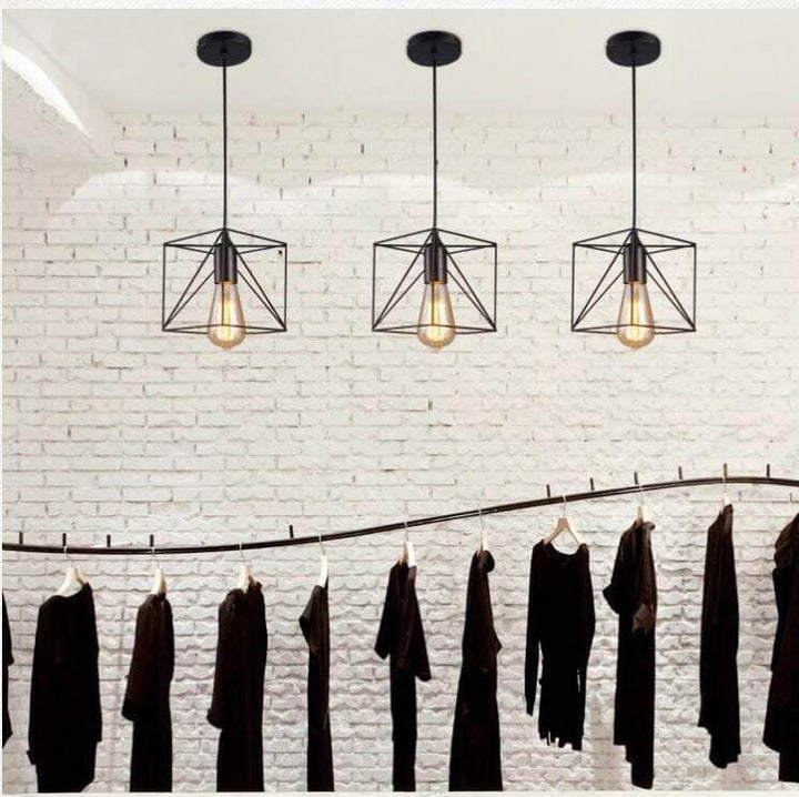 Contemporary Industrial Square Iron Openwork 1-Light Pendant Light For Bedroom