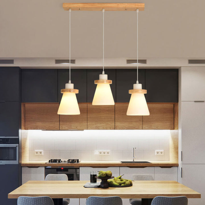Suspension lumineuse à 1/3 lumières avec abat-jour en bois moderne en forme de cône 