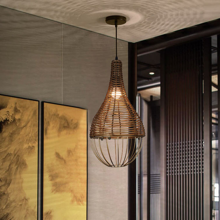 Retro Rattan Weben Tropfenförmiger Schirm 1-Licht Pendelleuchte 