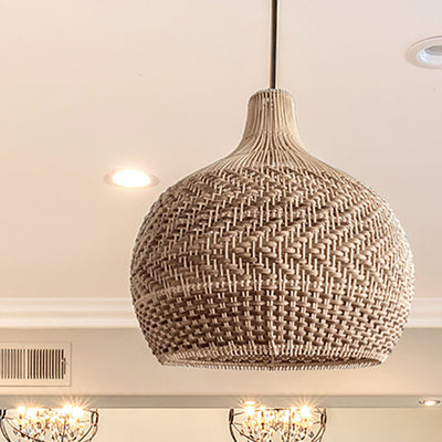 Contemporary Boho Rattan Weaving Cage 1-Light Pendant Light For Dining Room