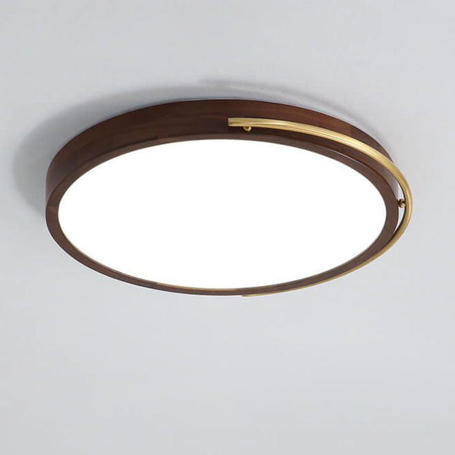 Modern Chinese Walnut Round Copper Ring LED Flush Mount Ceiling Light