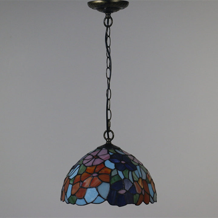 Traditionelle 1-flammige Tiffany-Pendelleuchte mit Blumenmotiv aus Buntglas und Eisenschirm für Wohn- und Schlafzimmer 