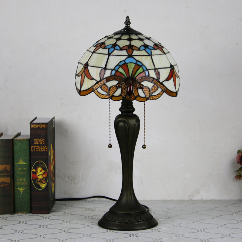 Vintage Tiffany Baroque Stained Glass Dome Pull Cord 1-Light Table Lamp