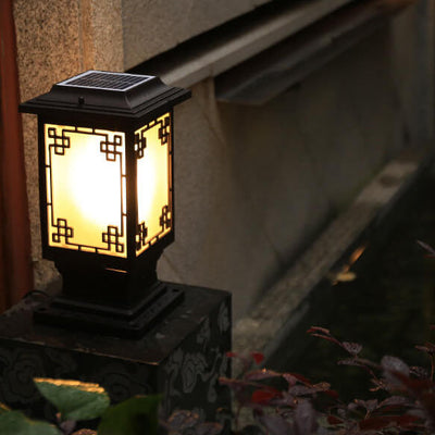 Solar Chinese Window Square Post Head 1-Light Waterproof Garden Landscape Light