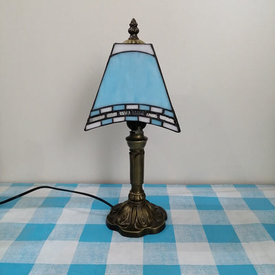 European Vintage Tiffany Square Stained Glass Iron 1-Light Table Lamp