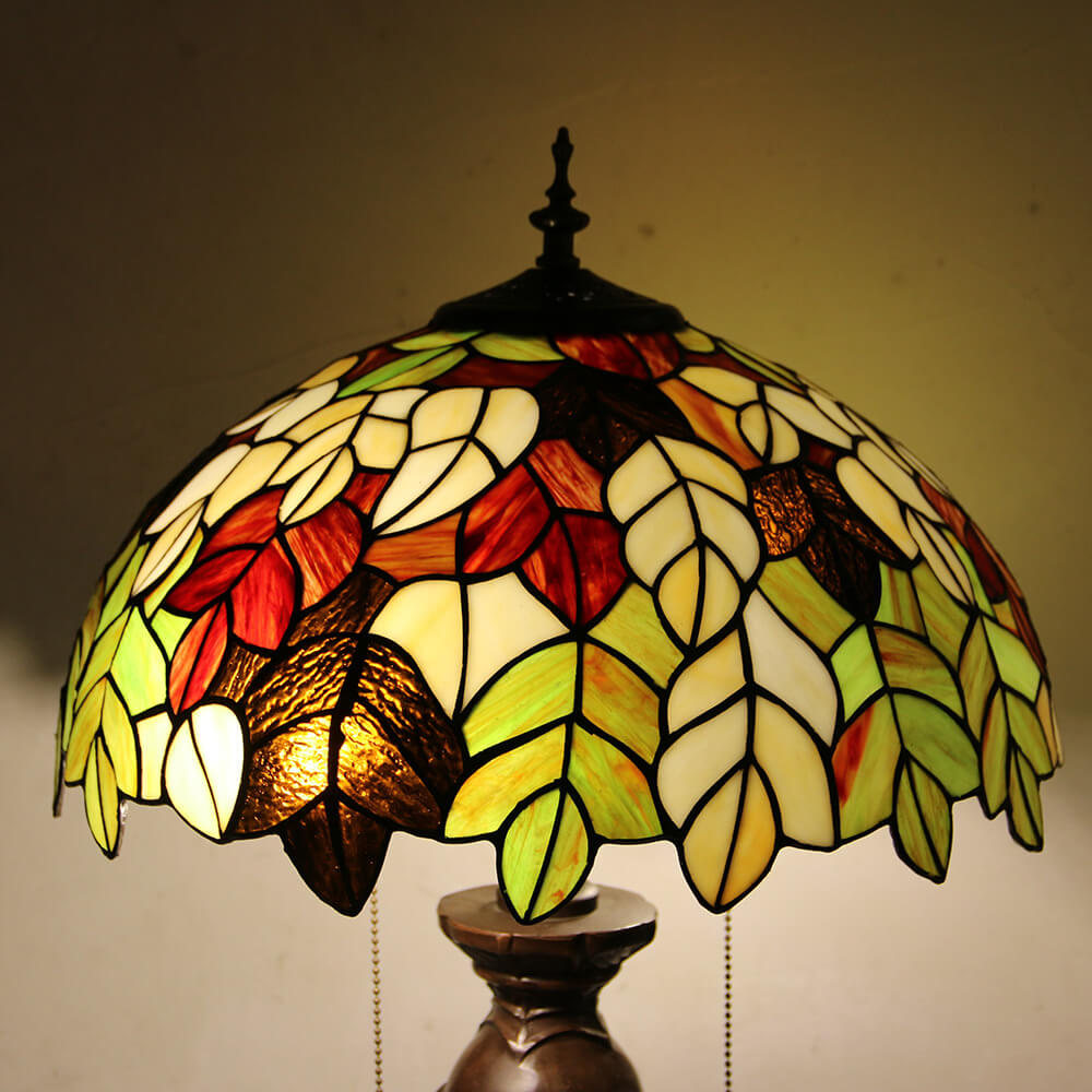 Lampe de table Tiffany avec fleur rétro européenne en verre teinté à 1 lumière avec cordon de tirage 