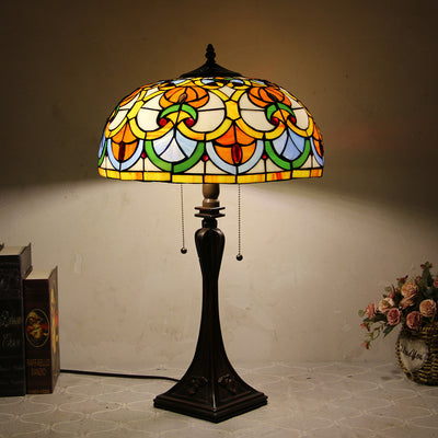 Lámpara de mesa de 2 luces con cordón de tiro en forma de cono de vidrio teñido estilo Tiffany Mediterráneo 