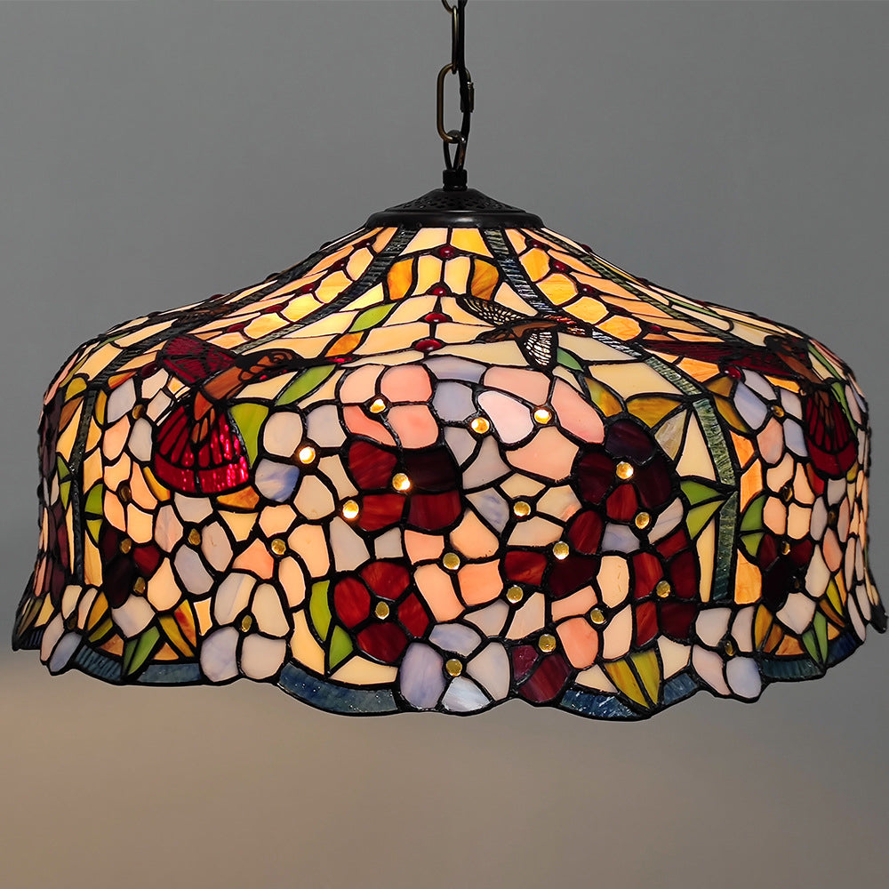Traditioneller Tiffany-Dom-Wandglas-Rund-Dragonfly-Blumen-2-Licht-Kronleuchter für das Wohnzimmer 