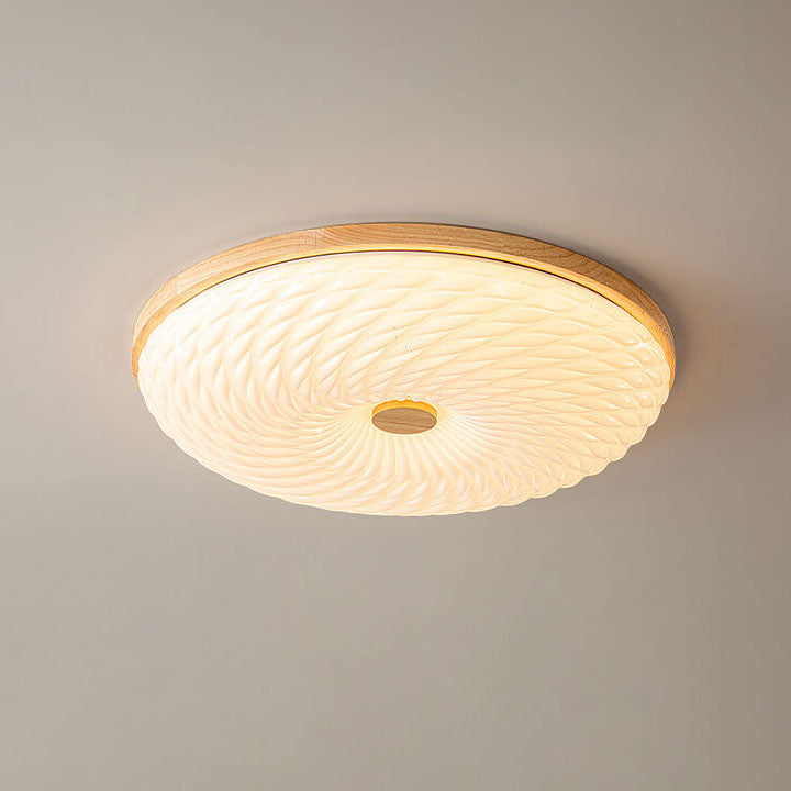 Modern Minimalist Pure White Round Rubberwood Acrylic LED Flush Mount Light