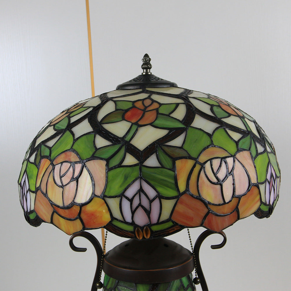Traditional Tiffany Floral Stained Glass Iron Resin Round Pot 3-Light Table Lamp For Bedroom