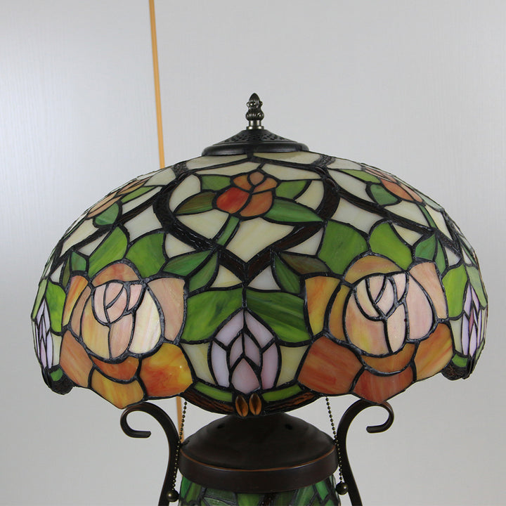 Traditional Tiffany Floral Stained Glass Iron Resin Round Pot 3-Light Table Lamp For Bedroom