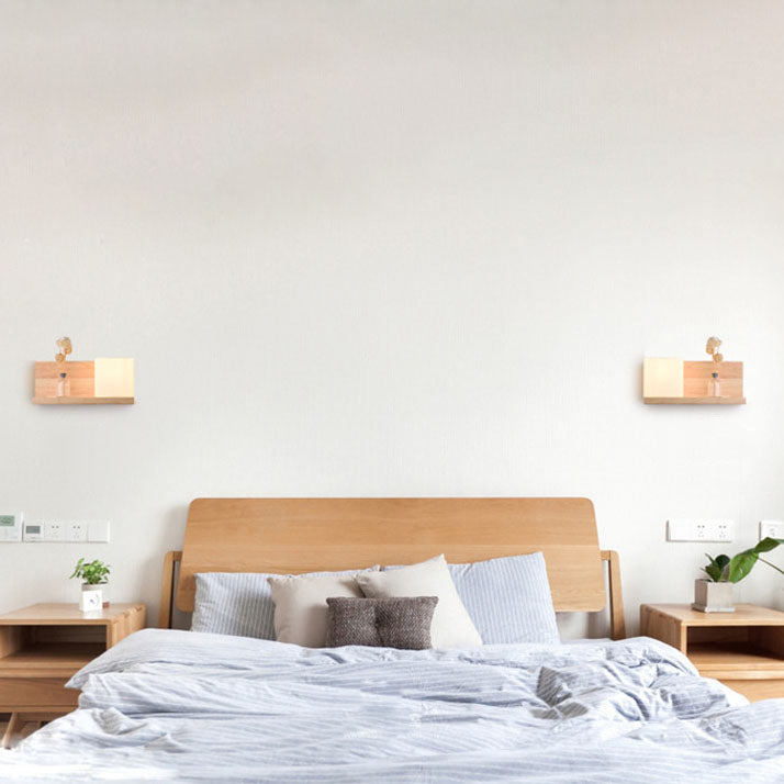 Moderne kreative 1-flammige quadratische Wandleuchte aus Gummibaumholz und Glas für Wohnzimmer &amp; Schlafzimmer 