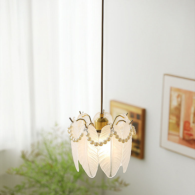 Traditional French Feather Pearl Petal Hardware Glass 1-Light Pendant Light For Bedroom